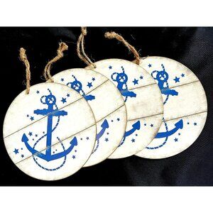 Nautical Anchor Print Round 8" Hanging Wood Sign Set 4 Natural Gray Blue NWT